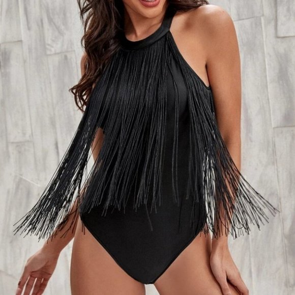 Glamorous black Fringe Halter Cami top Bodysuit - Picture 1 of 5